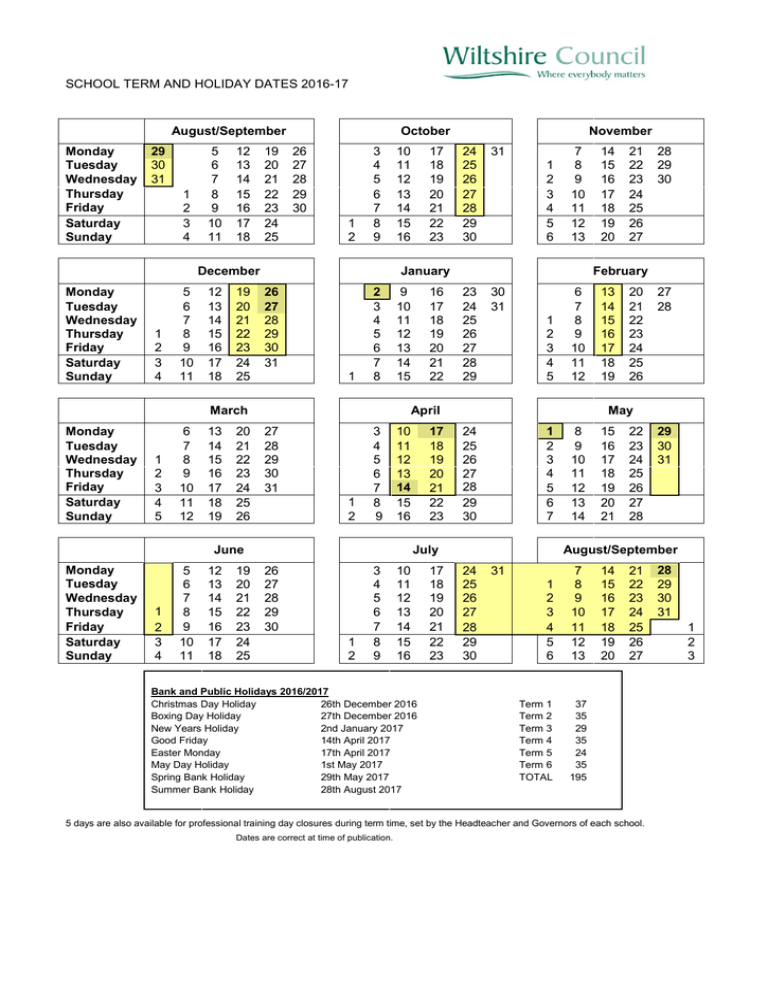 Term Date Calendar 2016 2017
