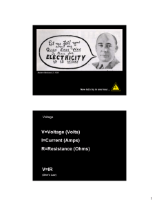 V=Voltage (Volts) I=Current (Amps) R=Resistance (Ohms) V=IR