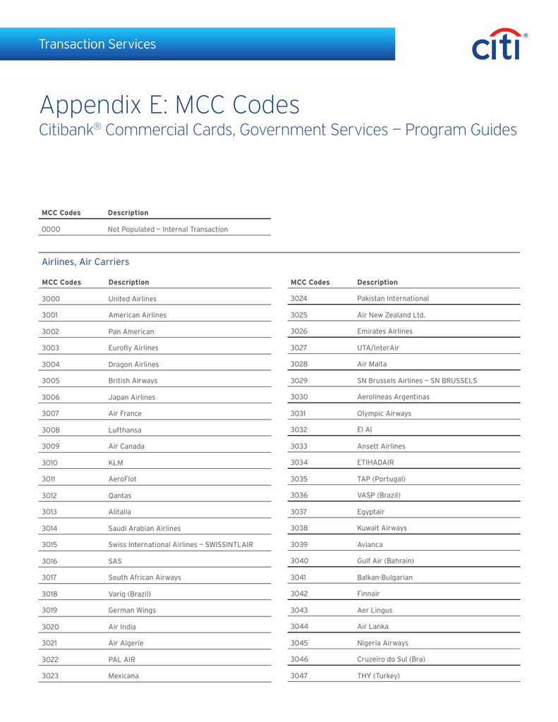 Appendix E Mcc Codes