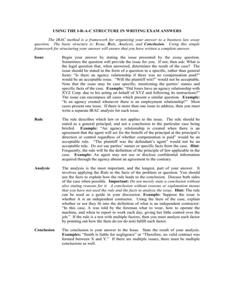 USING THE I R A C STRUCTURE IN WRITING EXAM ANSWERS