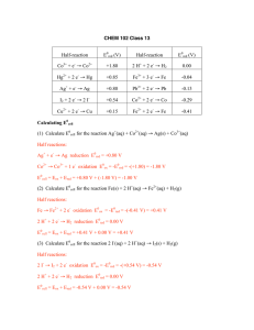 CHEM 102 Class 13 Half-reaction E0 Half