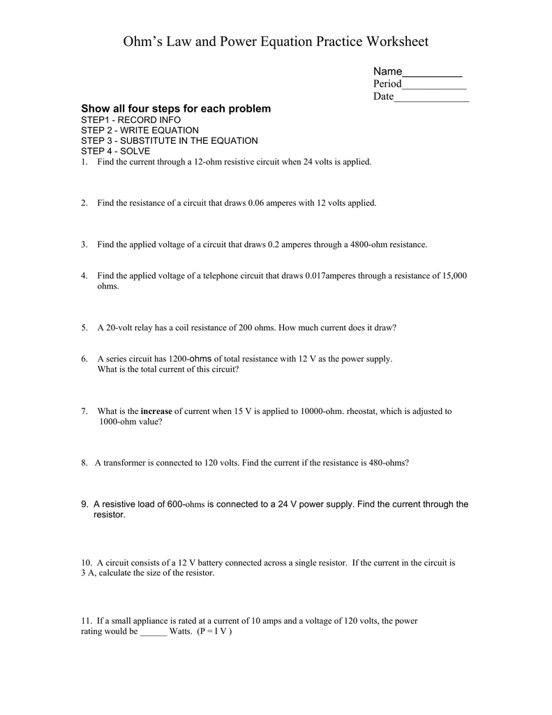 Ohm`s Law and Power Equation Practice Worksheet With Regard To Electrical Power Worksheet Answers