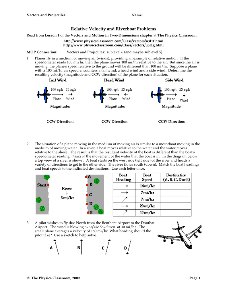relative velocity and riverboat problems worksheet