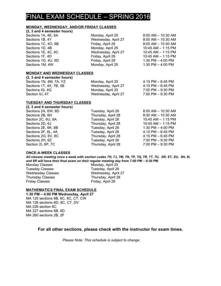 FINAL EXAM SCHEDULE SPRING 2016641333