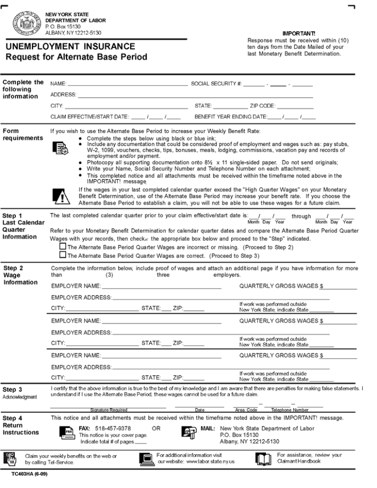 Unemployment Insurance Request For Alternate Base Period