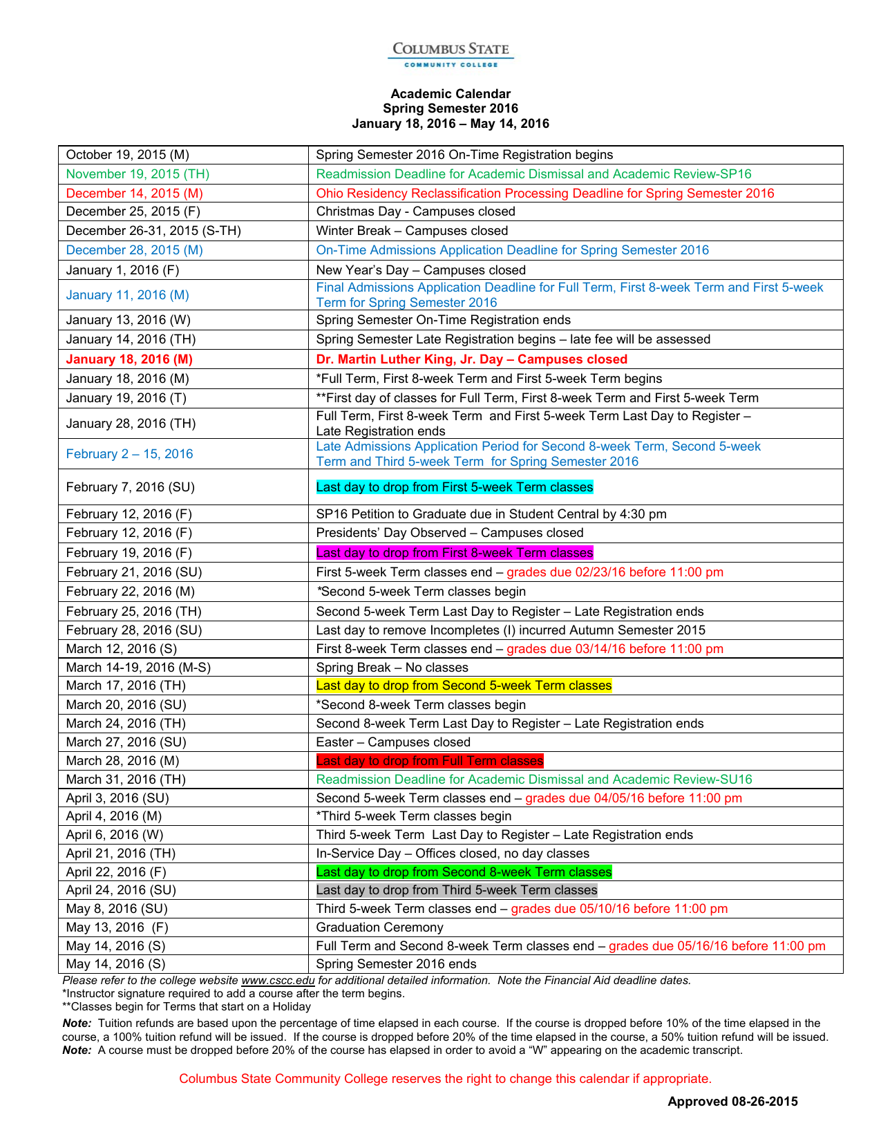Cscc Calendar 2022 Academic Calendar Spring Semester 2016 January 18, 2016 – May