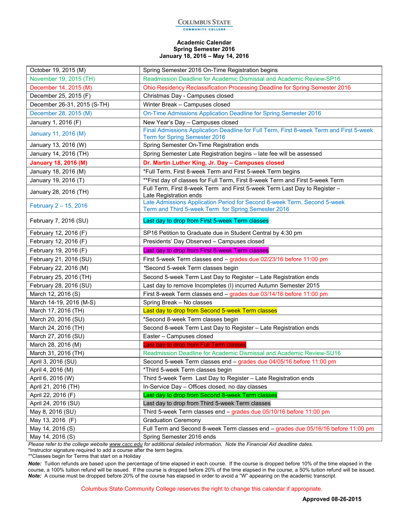 Academic Calendar Spring Semester 2016 January 18, 2016 – May Academic Calendar Spring Semester 2016 January 18, 2016 – May
