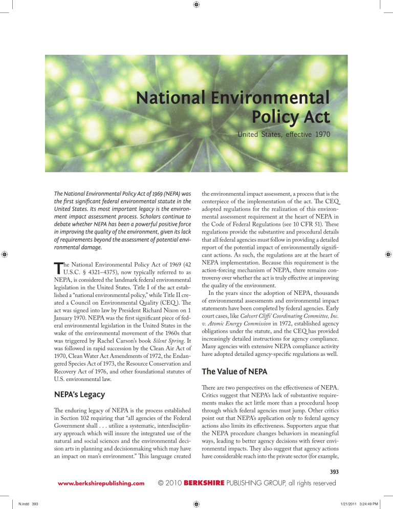 The National Environmental Policy Act Of 1969 As Amended