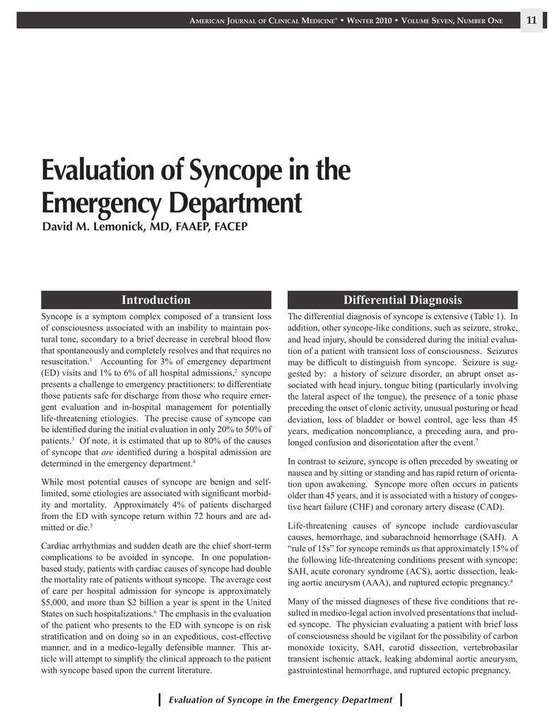 Evaluation Of Syncope In The Emergency Department