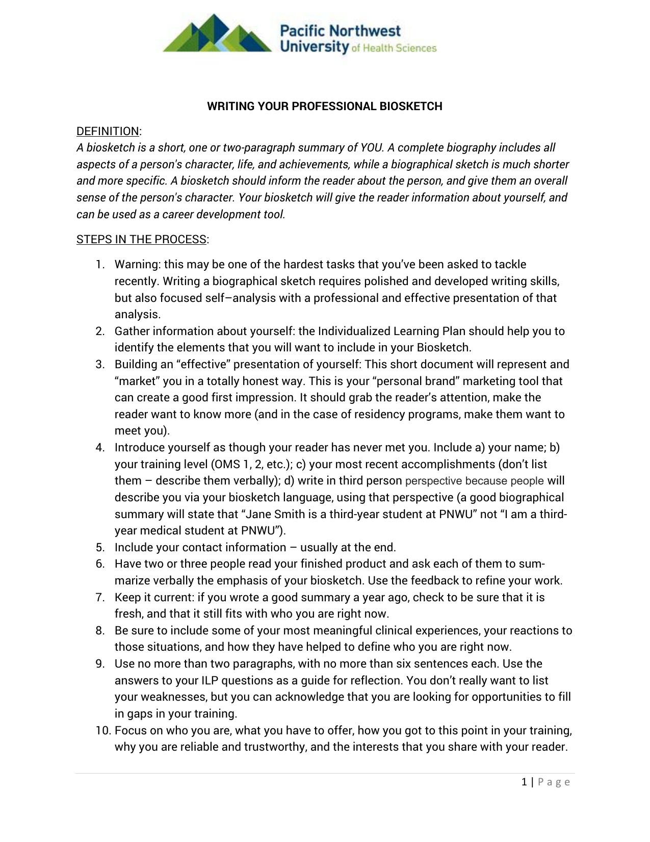 Biographical sketch outline example in Word and Pdf formats