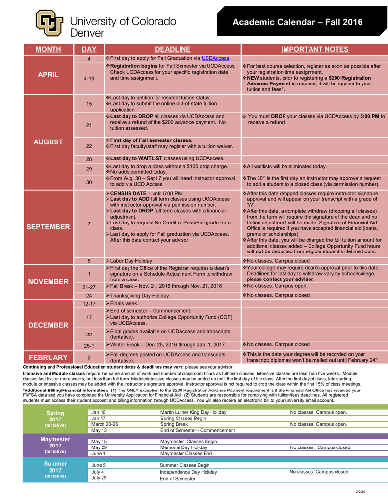 Academic Calendar Fall 2016 University Of Colorado Denver