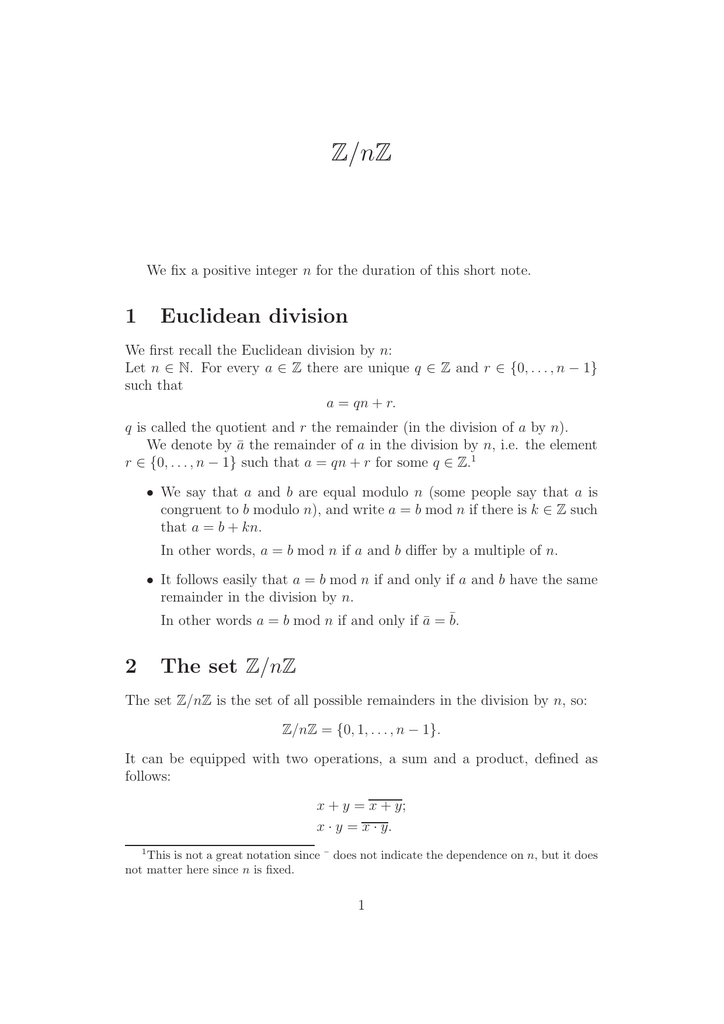 1 Euclidean Division 2 The Set Z Nz