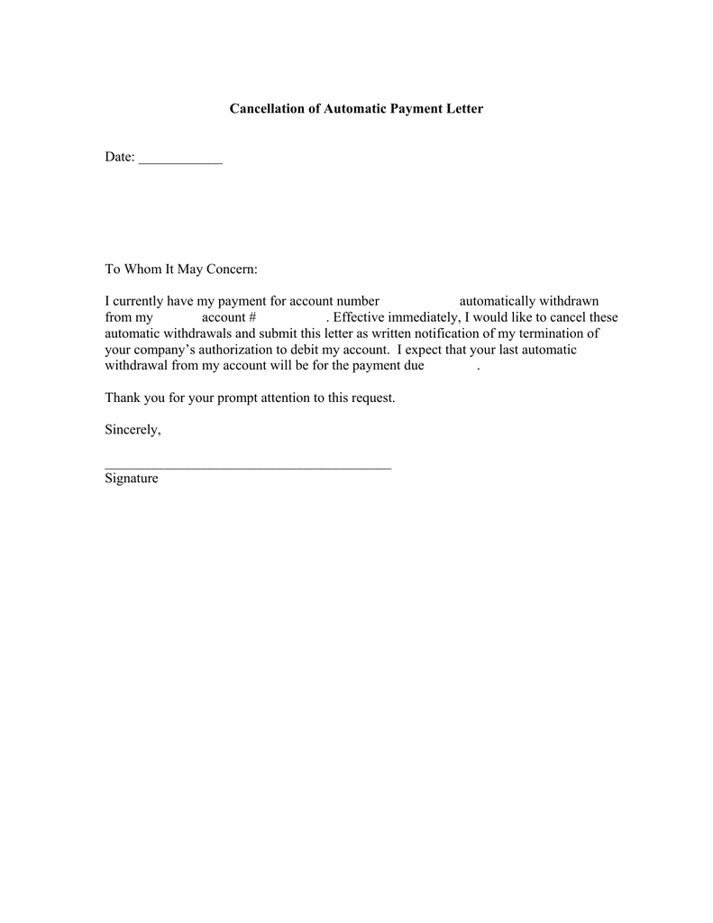 Cancellation Of Automatic Payment Letter