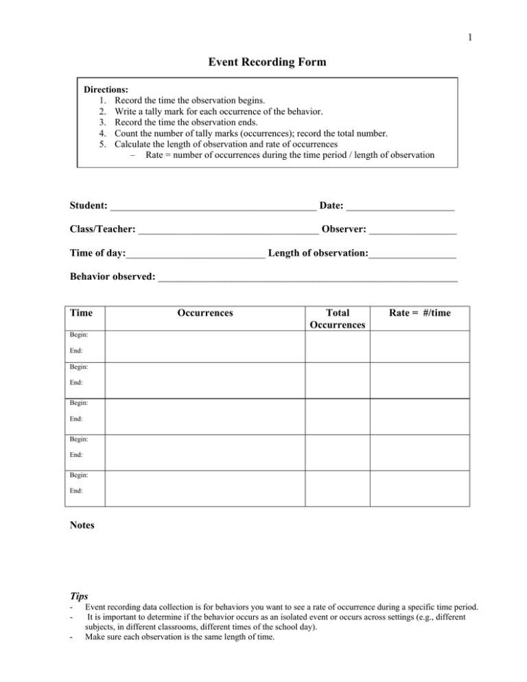 Event Recording Form