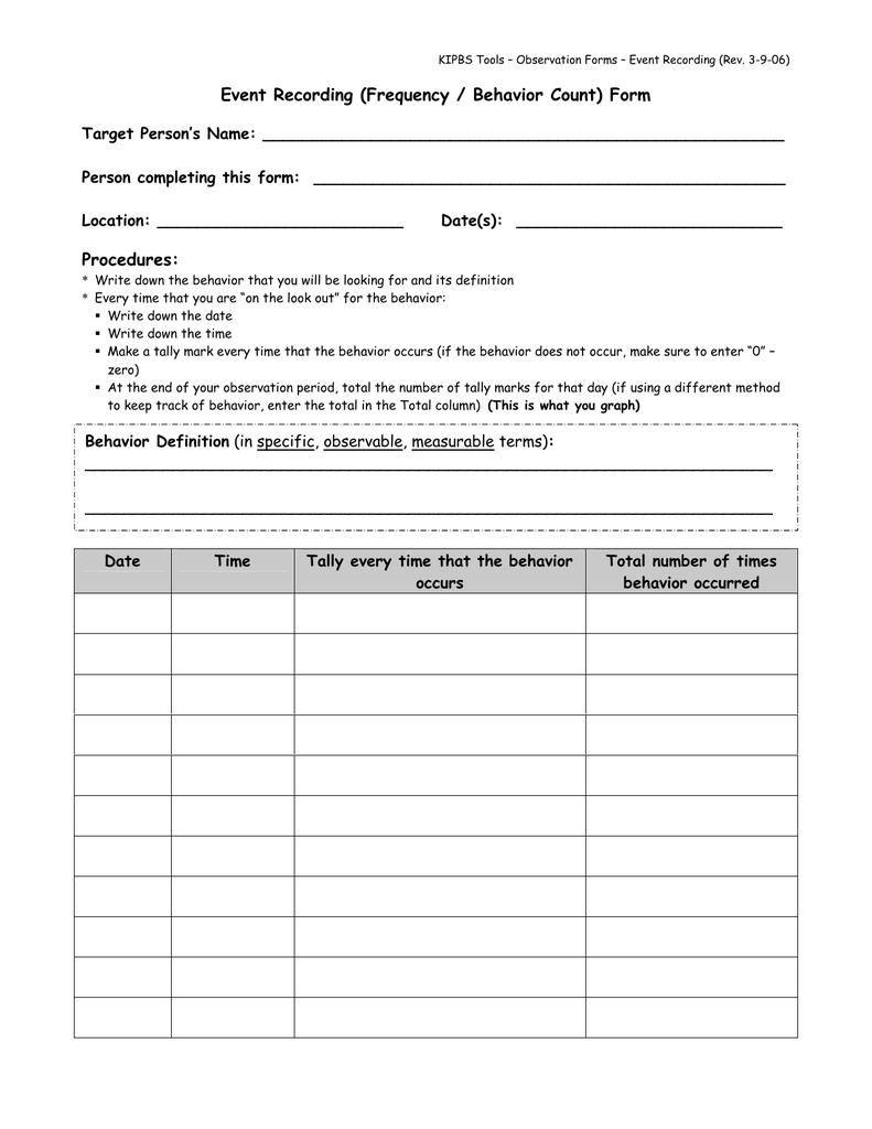 event recording (frequency / behavior count) form