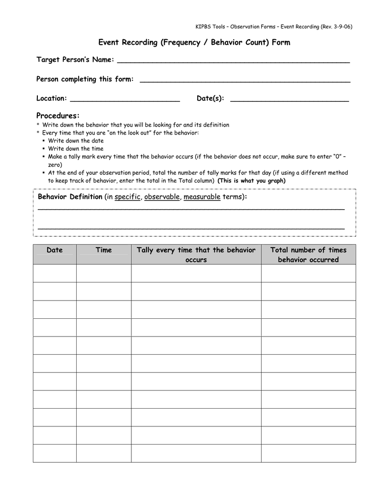 Event Recording Frequency Behavior Count Form