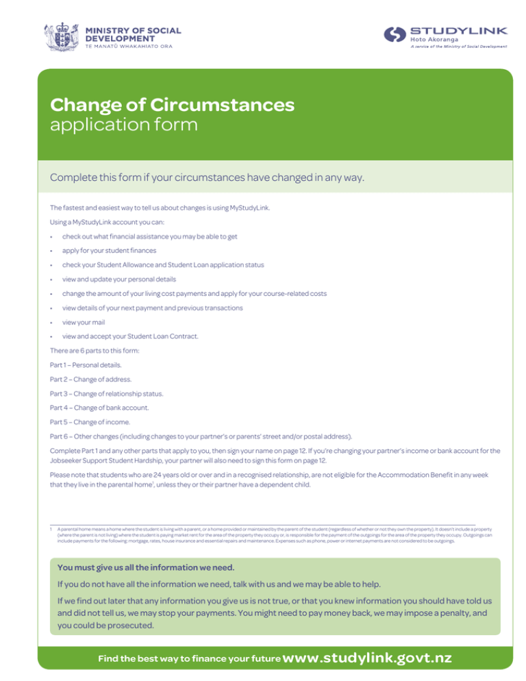 Change Of Circumstances Application Form