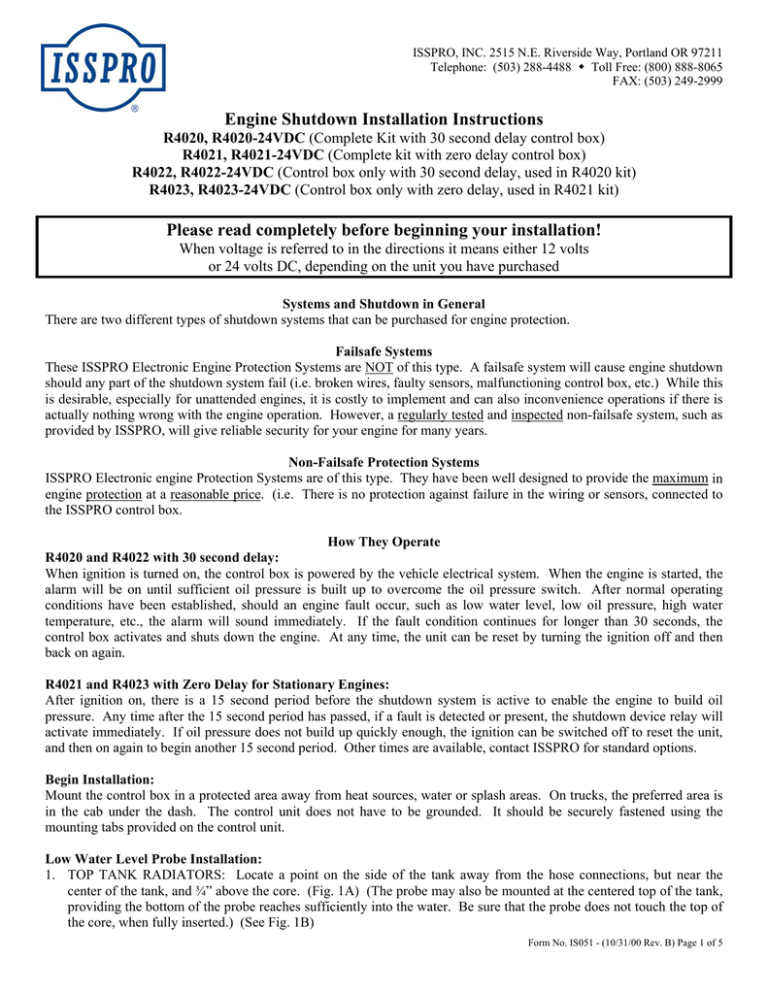 Engine Shutdown Installation Instructions Please read completely