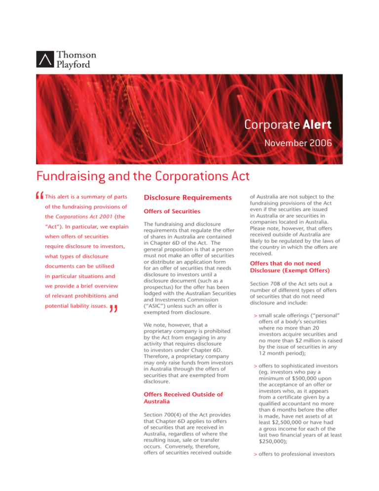 Fundraising and the Corporations Act Corporate Alert