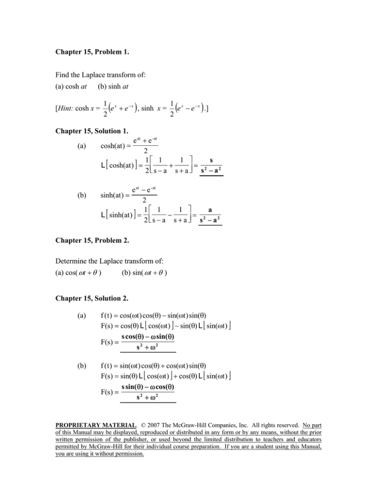 Chapter 15 Problem 1 Find The Laplace Transform Of A Cosh At B