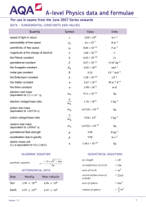 A-level Physics Specimen data booklet Physics