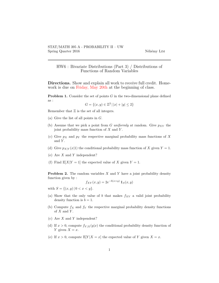 Hw6 Bivariate Distributions Part 3 Distributions Of Functions Of