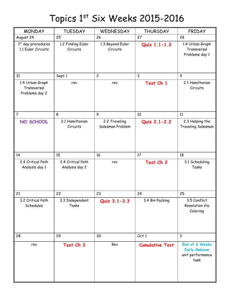 Topics Six Weeks Calendars 1516 Katy Independent School District