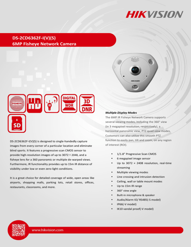 1.27mm Lens 6 MP Hikvision DS-2CD6362F-I Network Surveillance Camera White 3072 X 2048