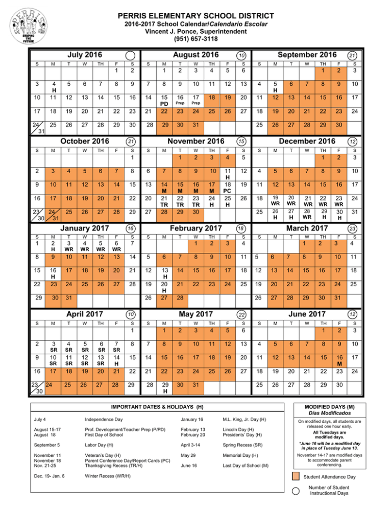 20162017 District Calendar Perris Elementary School District