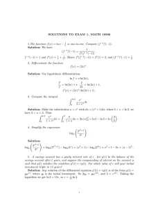 SOLUTIONS TO EXAM 1, MATH 10560 1.The function f(x) = lnx − is