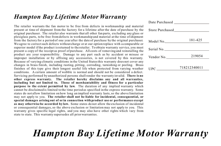 Hampton Bay Lifetime Motor Warranty