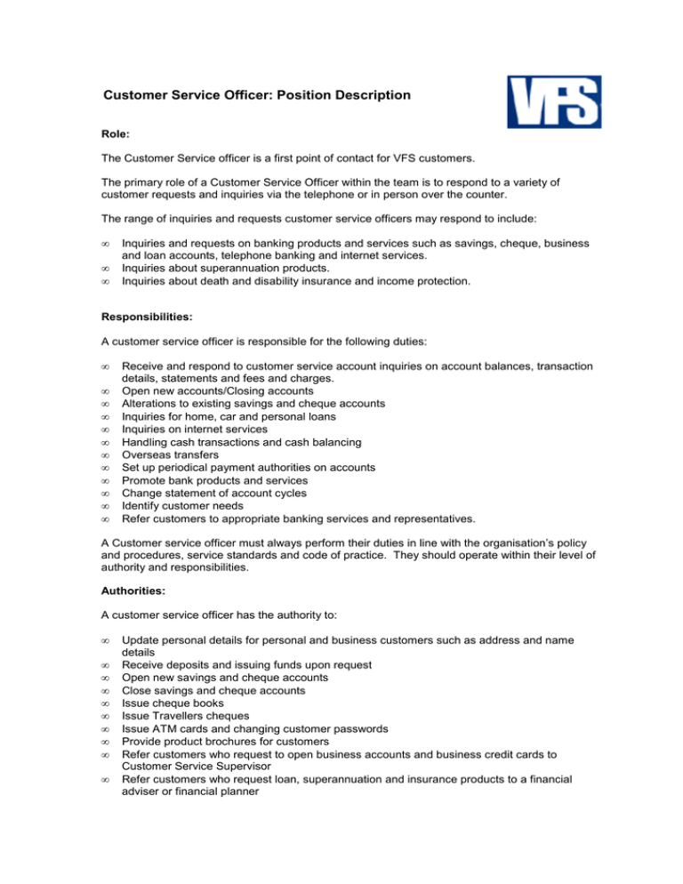 Customer Service Officer Job Description