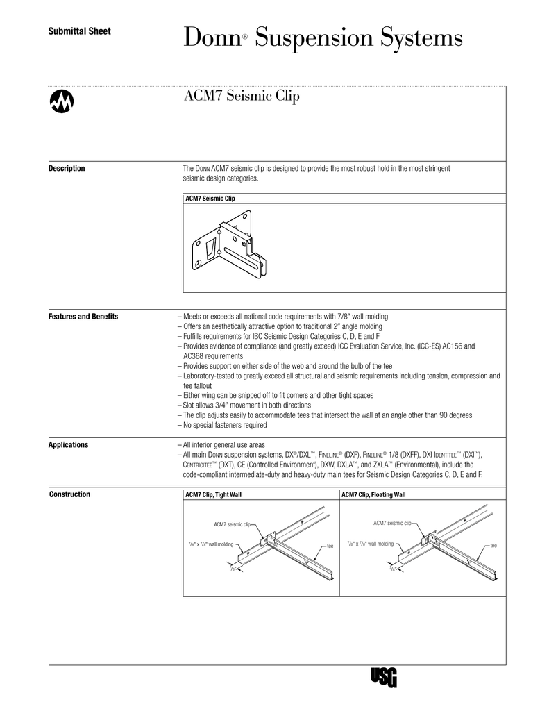 Usg Donn Brand Acm7 Seismic Clip Submittal Sheet English