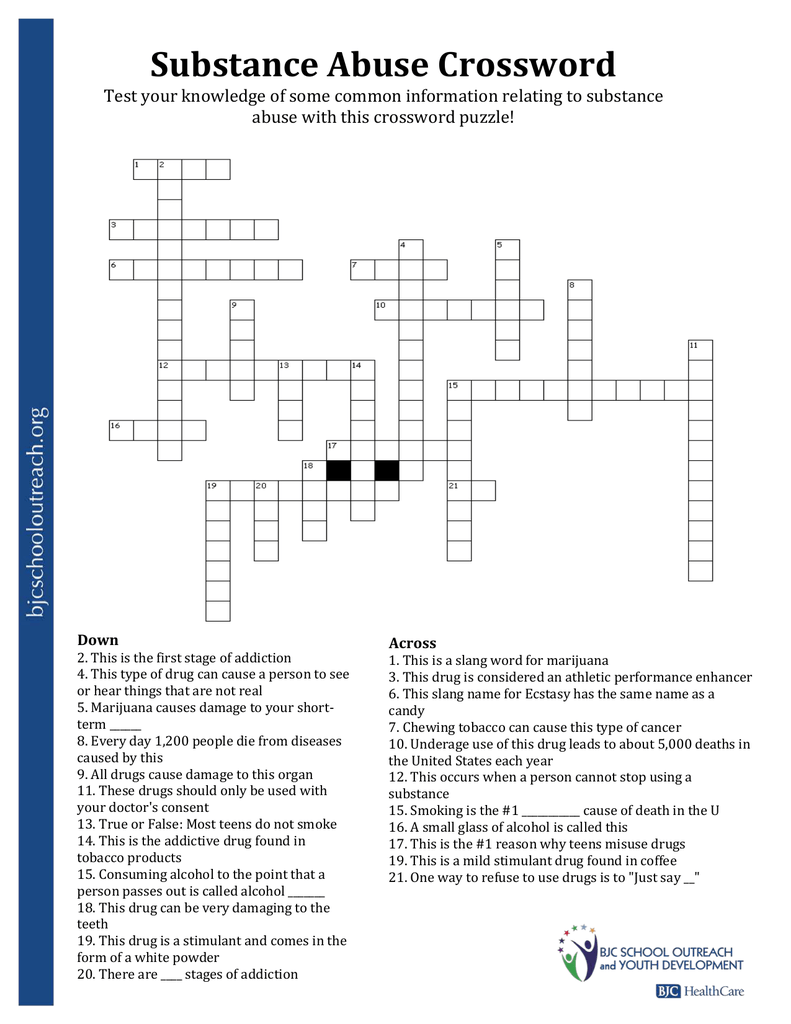 Substance Abuse Crossword BJC School Outreach