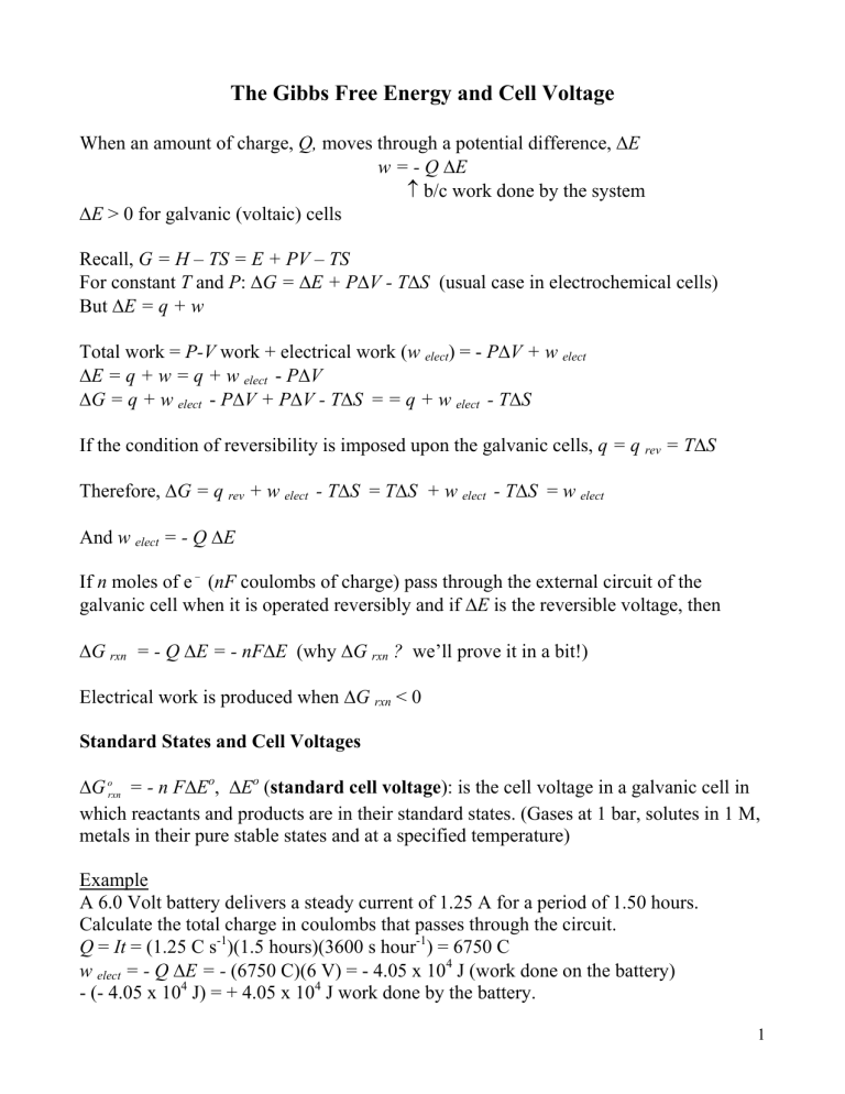 The Gibbs Free Energy And Cell Voltage