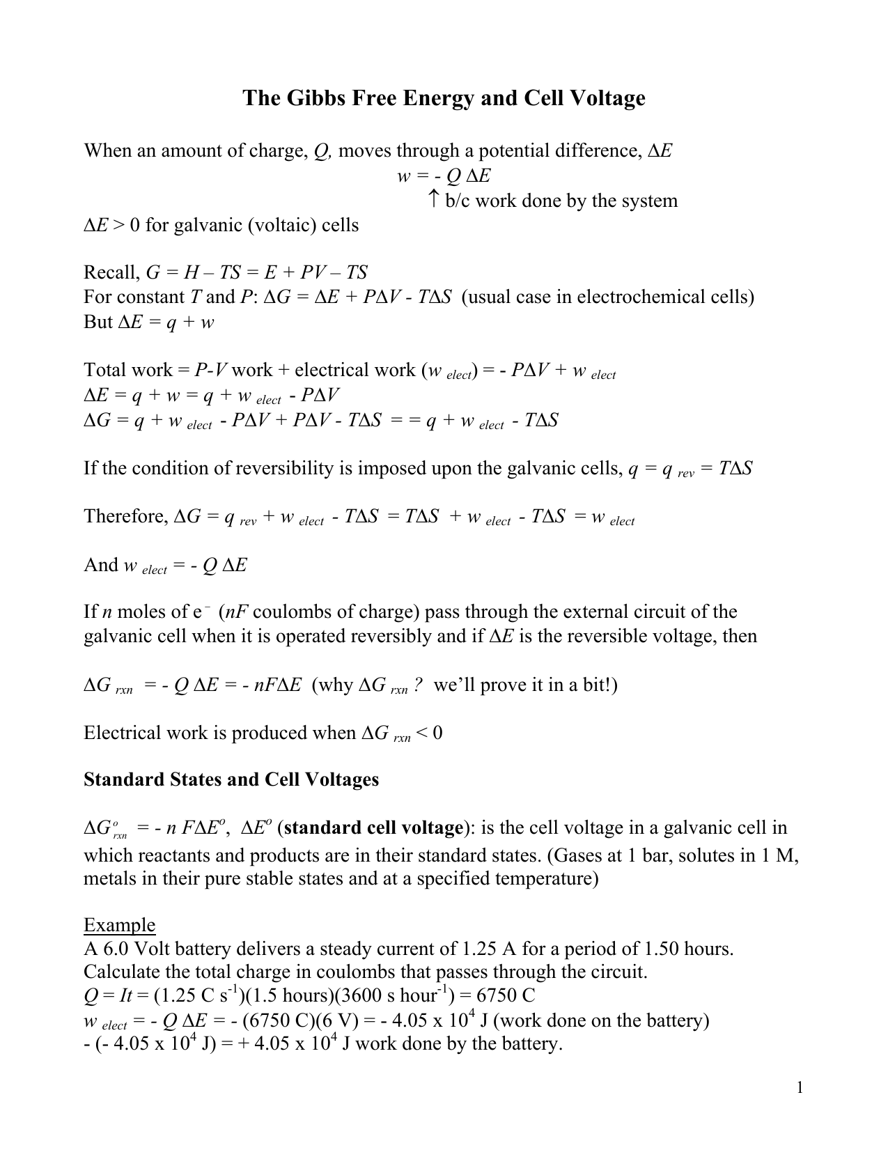 The Gibbs Free Energy And Cell Voltage