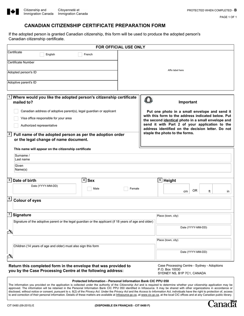 CIT 0480 E : Canadian Citizenship Certificate Preparation Form