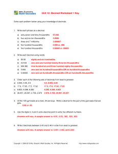 Unit 12: Decimal Worksheet 1 Key