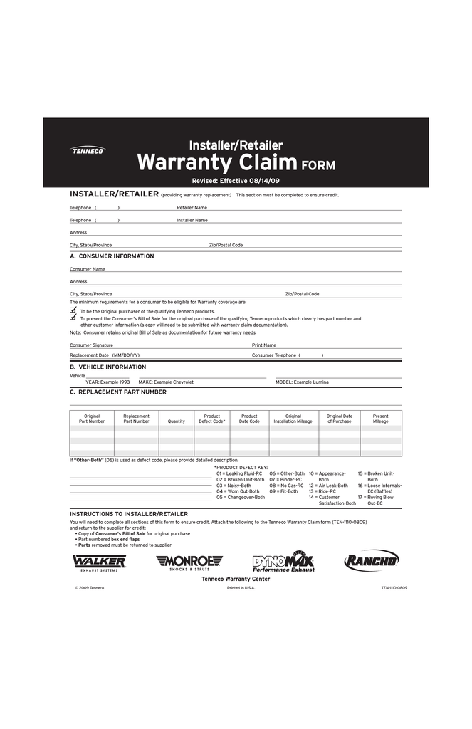 Carrier Warranty Claim Form