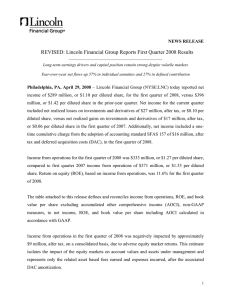 REVISED: Lincoln Financial Group Reports First Quarter 2008 Results