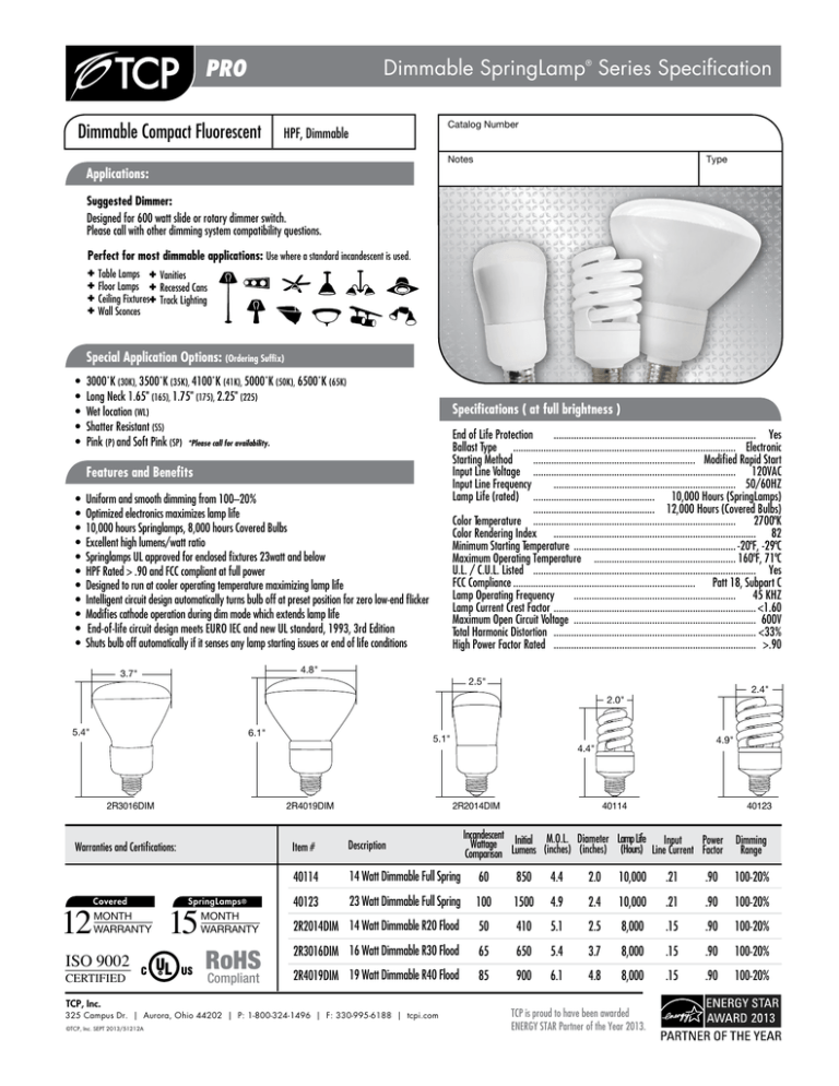 Dimmable SpringLamp® Series Specification