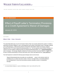 Effect of Payoff Letter`s Termination Provisions on a Credit