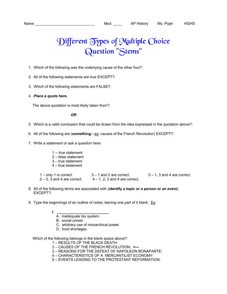 Different Types Of Multiple Choice Question Stems 