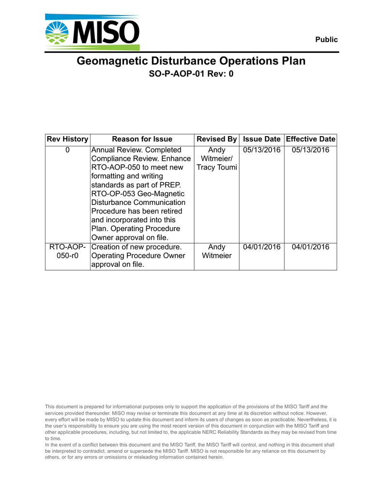 Geomagnetic Disturbance Operations Plan