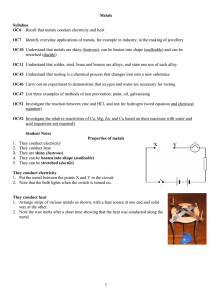 Metals Syllabus OC6 Recall that metals conduct electricity and heat