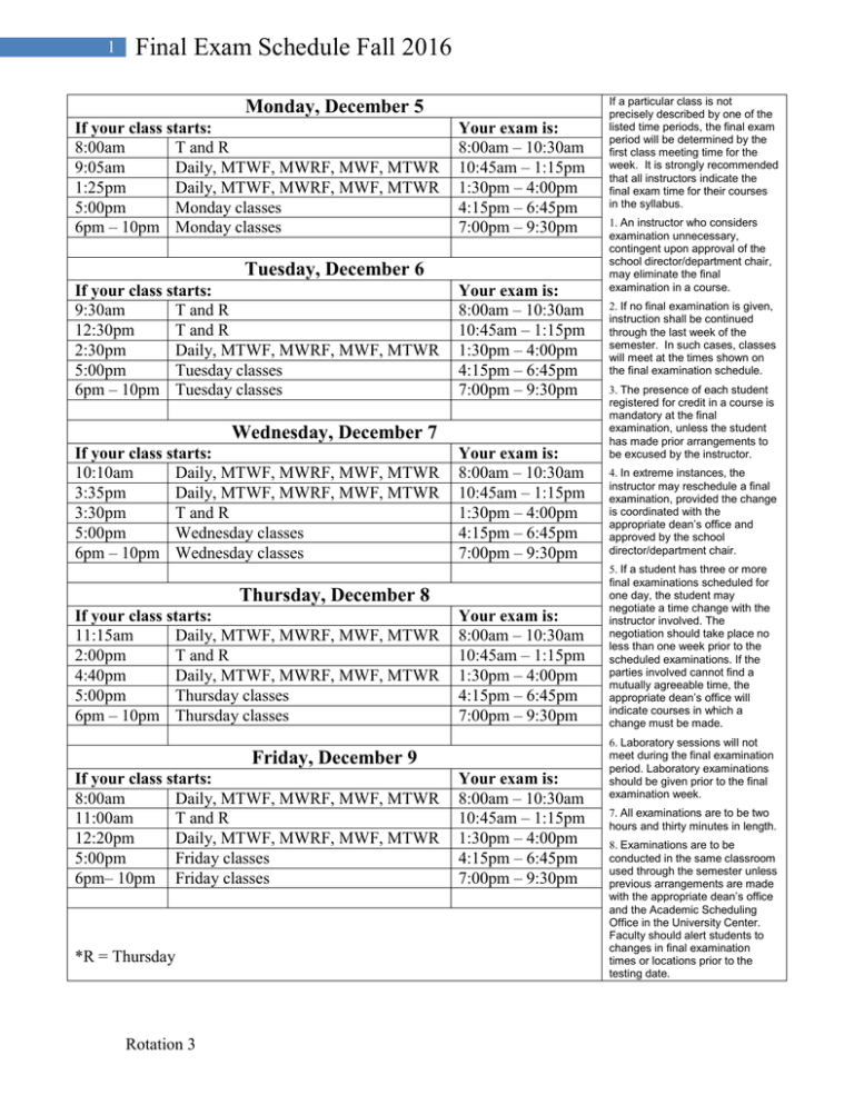 Final Exam Schedule Fall 2016