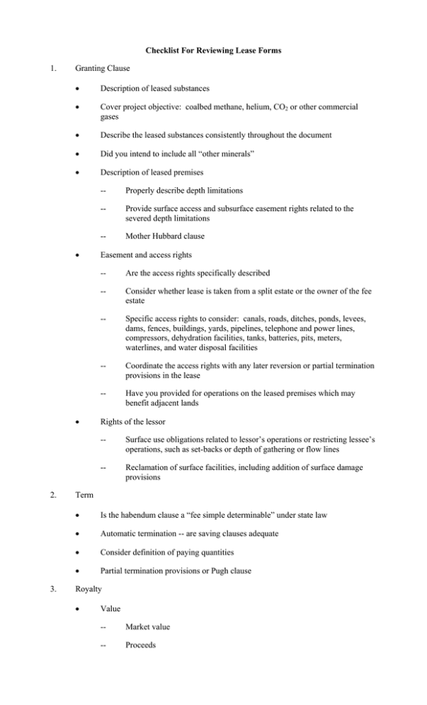 Checklist For Reviewing Lease Forms 1 Granting Clause