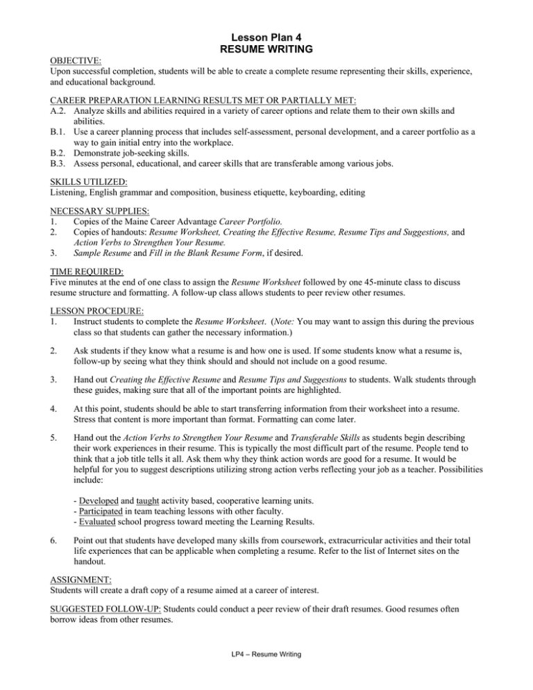resume writing lesson plan middle school