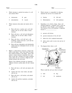 Cells Name: Date: 1. Which structure is outside the nucleus of a cell