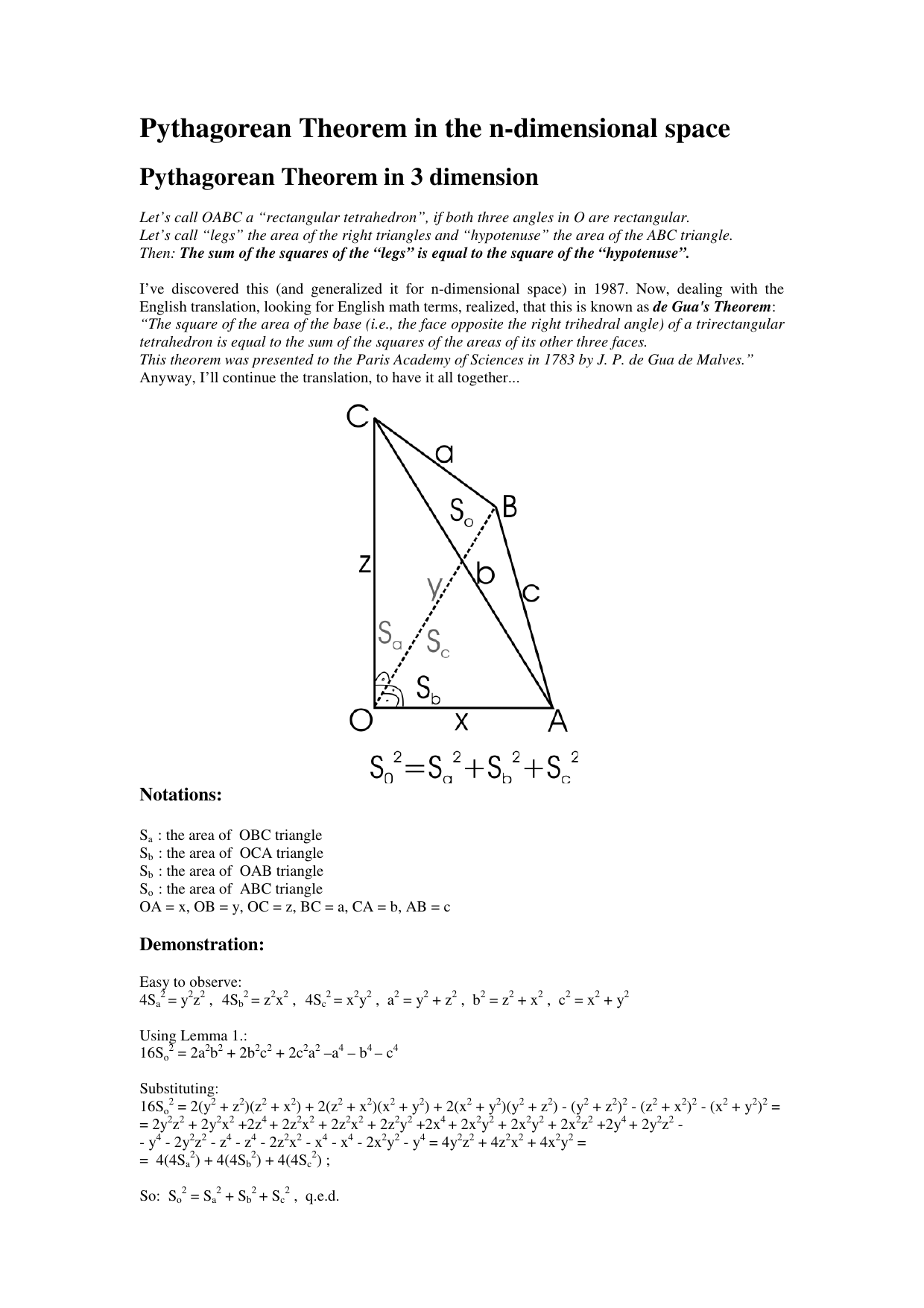 Pythagorean Theorem In The N Dimensional Space